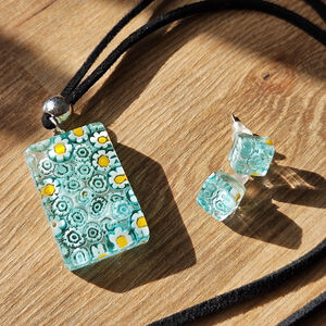 Vintage Murano Blue & Yellow Rectangular Glass Pendant Necklace and Earring Set